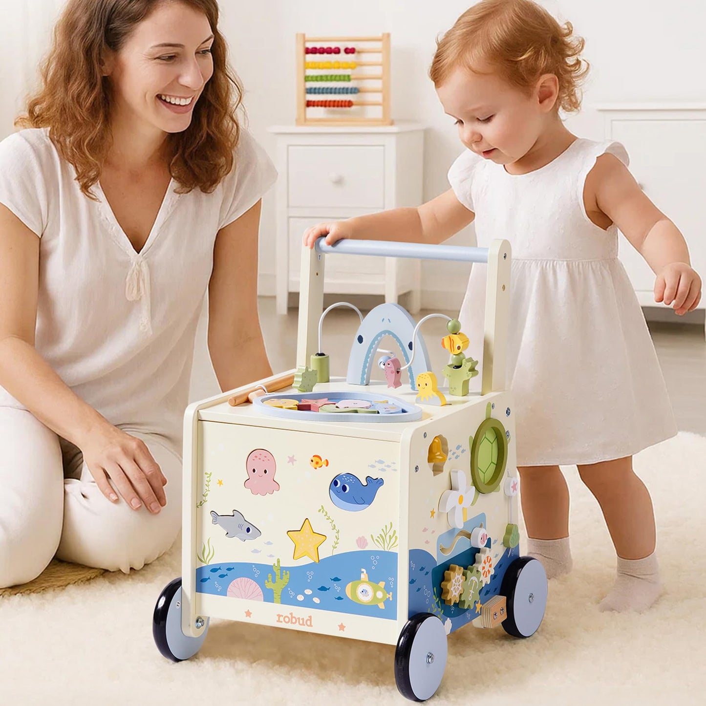 Robud wooden baby walker with adjustable height, magnetic fishing rod, activity center, underwater theme for toddlers 10-36 months