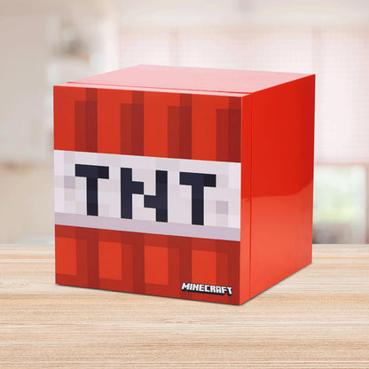 Menkind UKONiC Minecraft TNT Block mini fridge with AC/DC power, 6-can capacity, featuring a block design inspired by Minecraft.