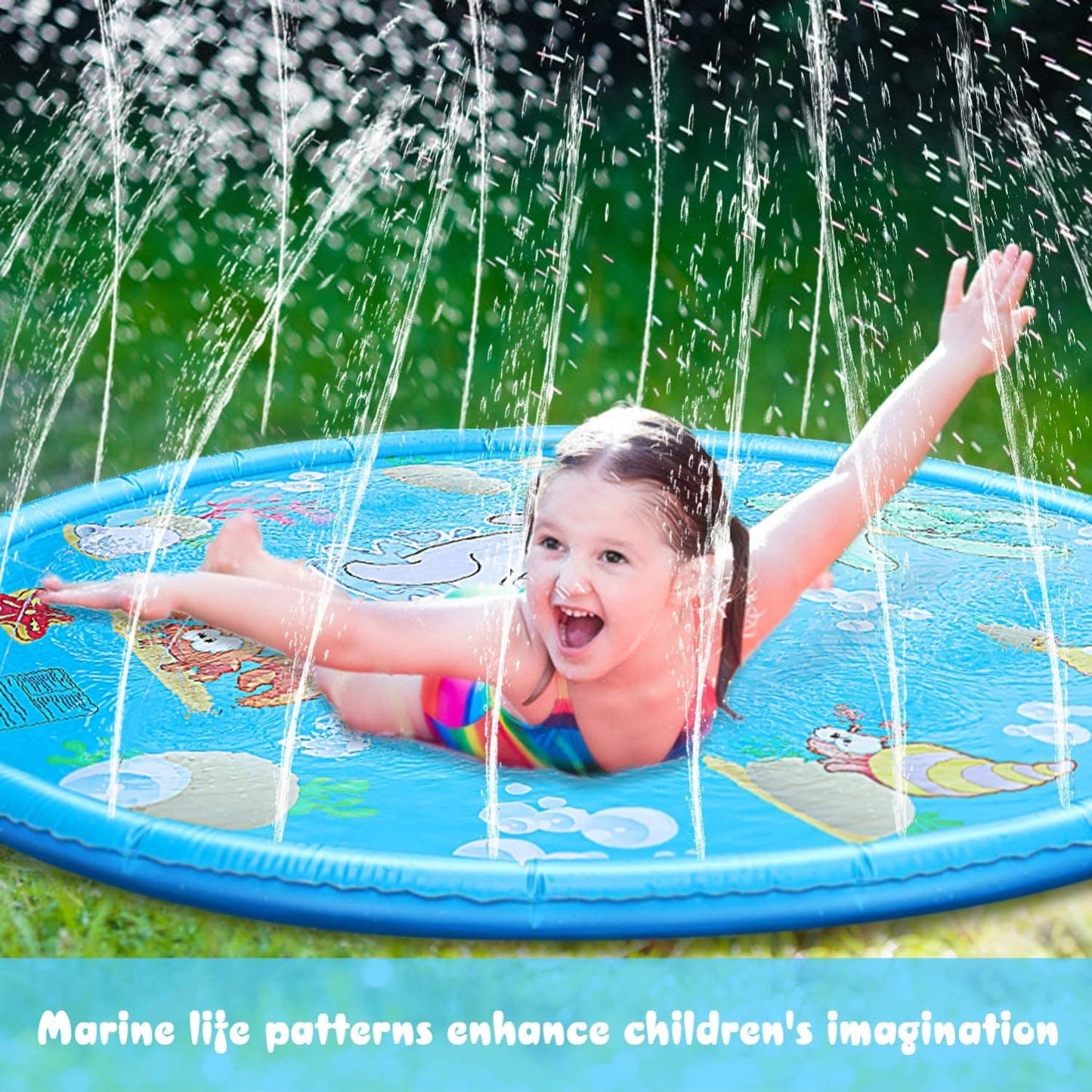 KAHEIGN 170CM Splash Water Play Mat Dolphin Tortoise Starfish Shell Crab Pattern Sprinkler Pad Summer Garden Outdoor Spray Water Toys for Kids Pets Family Activities