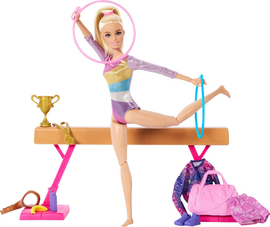 Barbie Gymnastic Fun Play Set featuring a blonde doll, balance beam, and over 10 themed accessories for imaginative play.