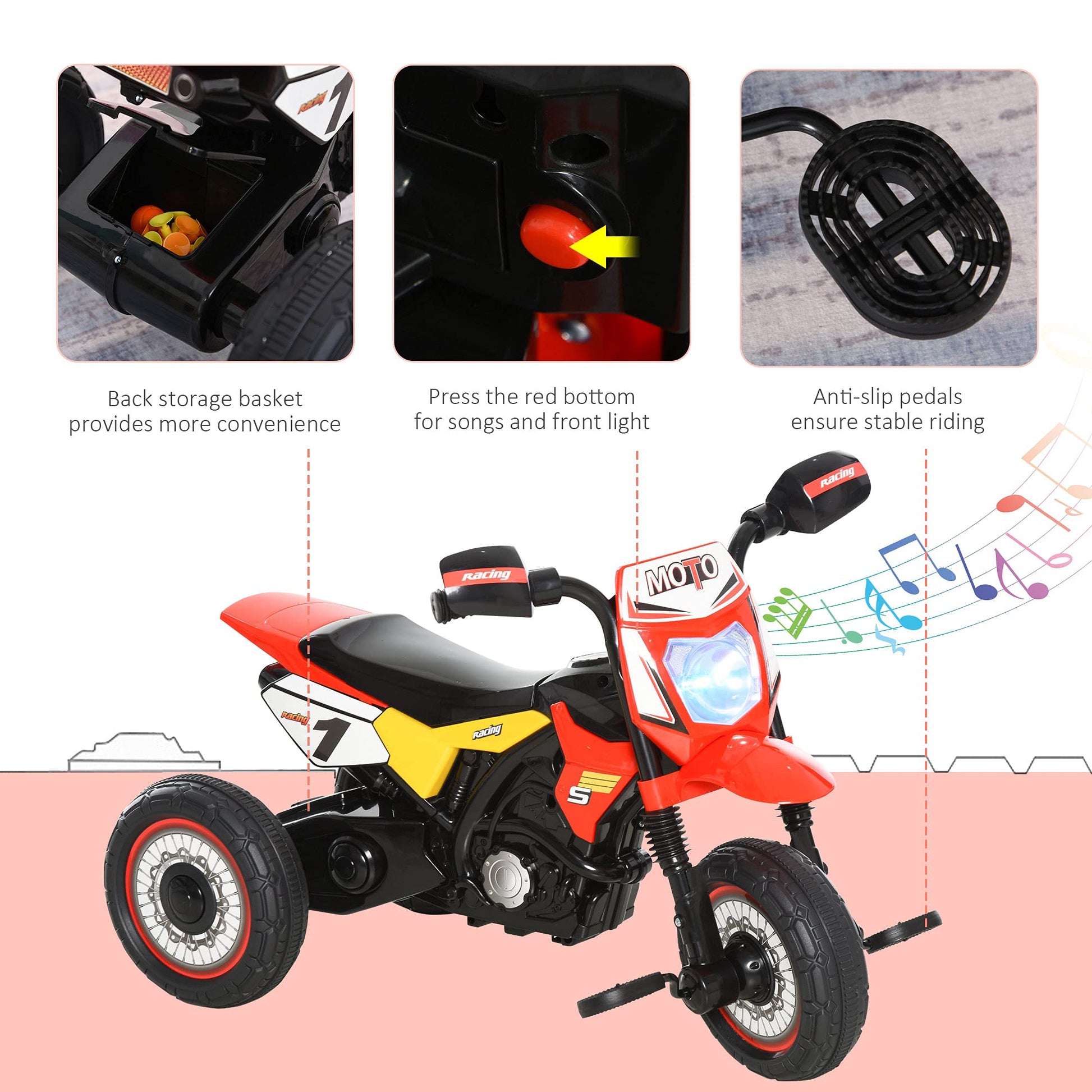 Red HOMCOM trike for kids, featuring pedals, music lights, and stickers, perfect for toddlers aged 18-36 months.