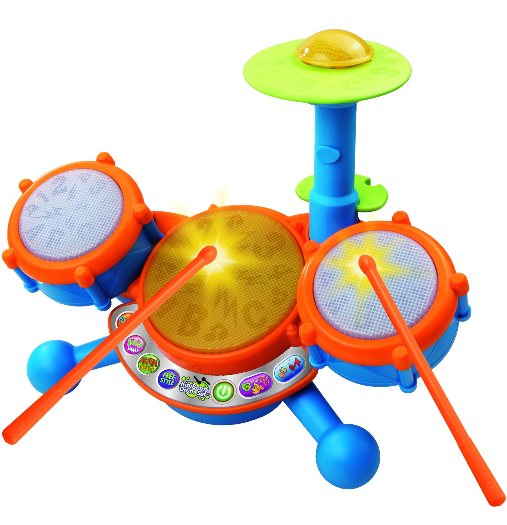 VTech Kidibeats Drum Set with colorful drums and drumsticks, designed for children to play and learn music.