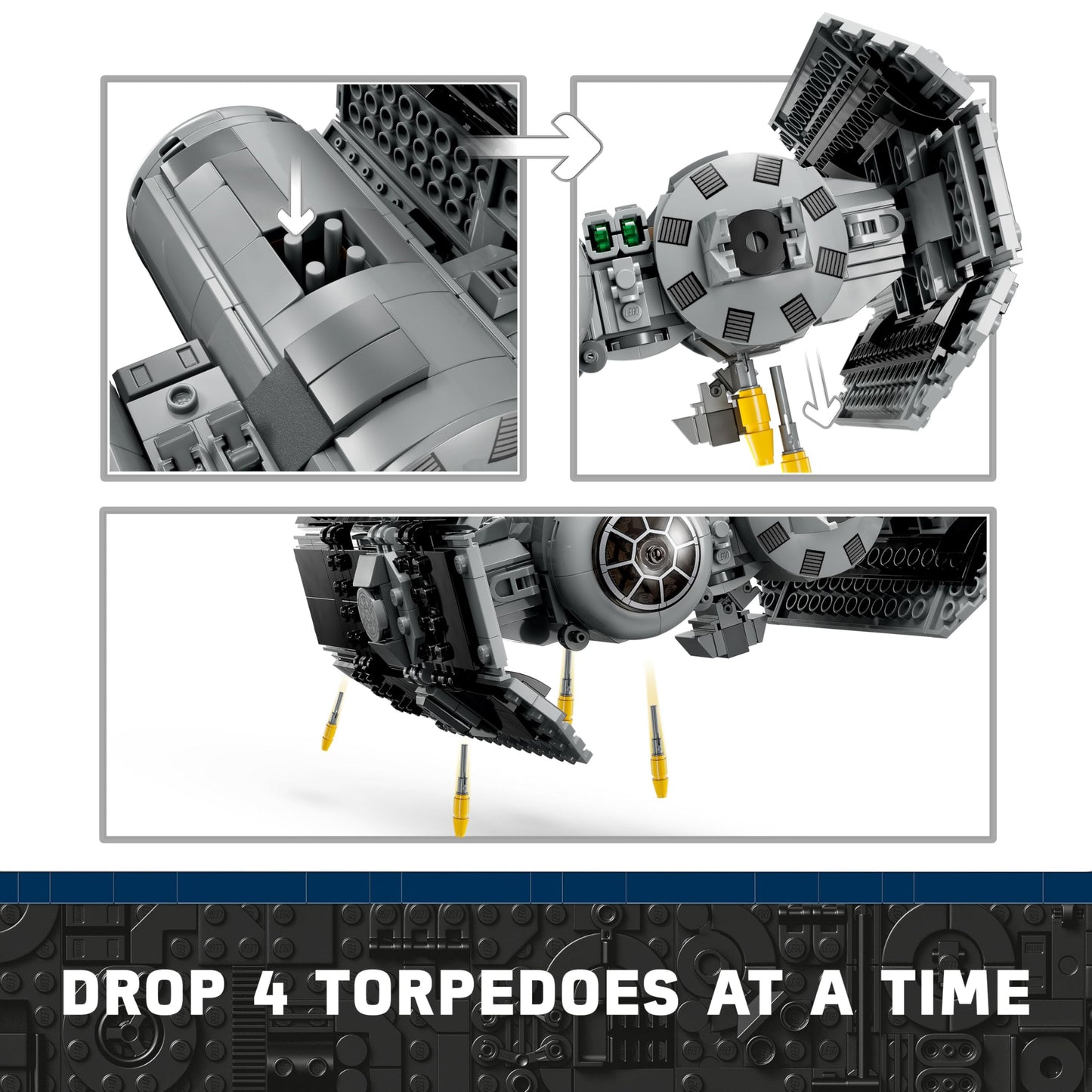 LEGO Star Wars 75347 TIE Bomber model with Darth Vader minifigure and Gonk Droid, showcasing torpedo-dropping feature.