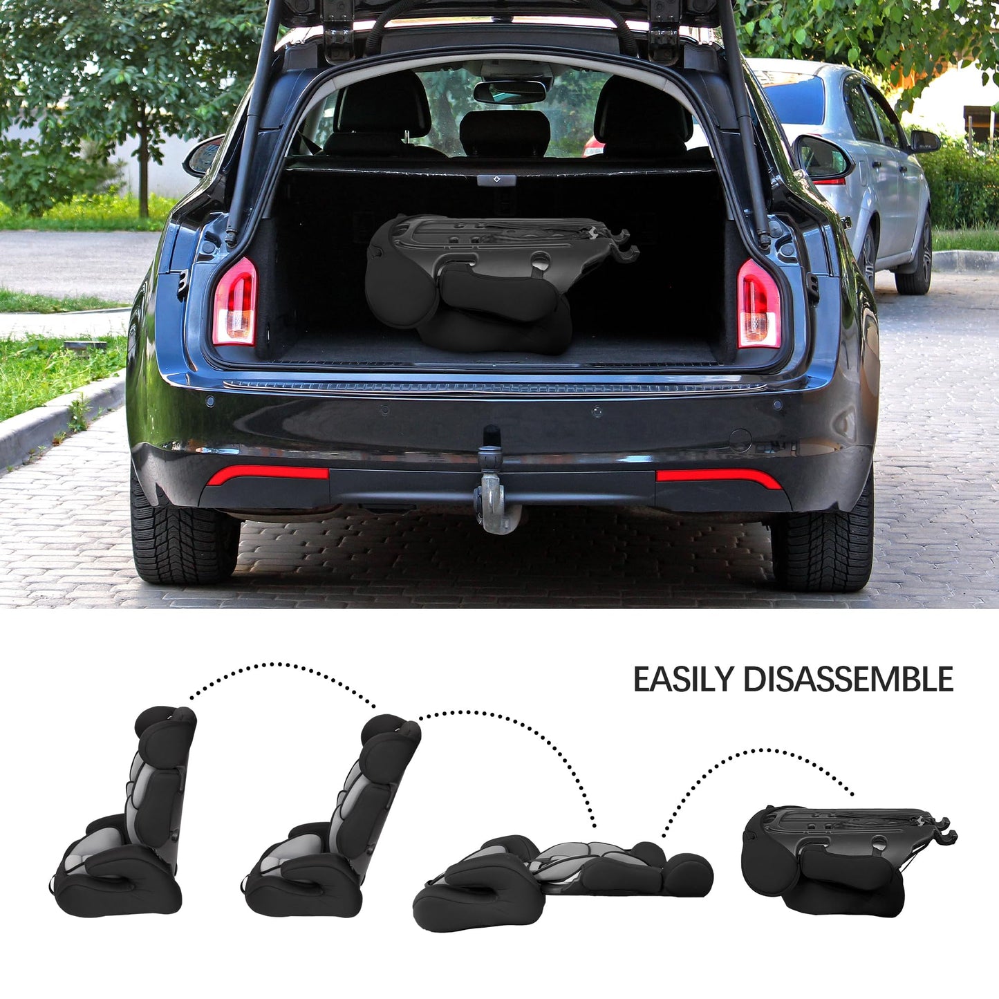 Alivio adjustable toddler car seat with padded fabric, 3-layer headrest, soft recline, suitable for kids 0-12 years.