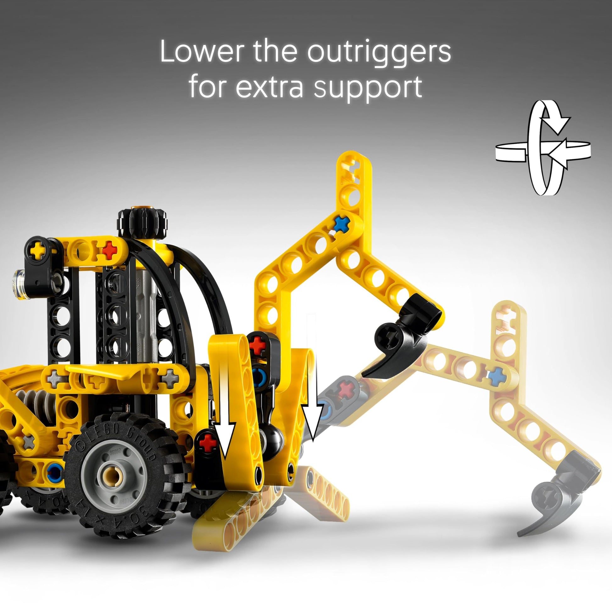 LEGO Technic Backhoe Loader toy with back digger, scoop, and outriggers for kids aged 7 and up.