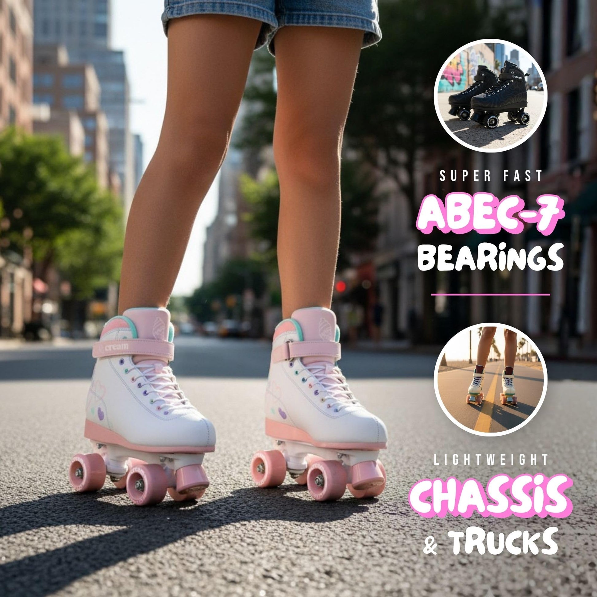 Cream Scoop Kids adjustable quad roller skates with hearts design, white and pink, featuring four wheels for stability and growth fit.