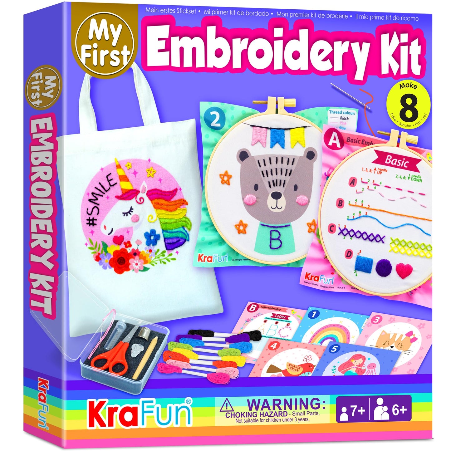 KRAFUN Beginner Embroidery Kit for Kids & Teens Ages 7-12, Simple Patterns with Hoop, Cloth, Threads, Instructions, Educational Craft Gift for Learning Stitches