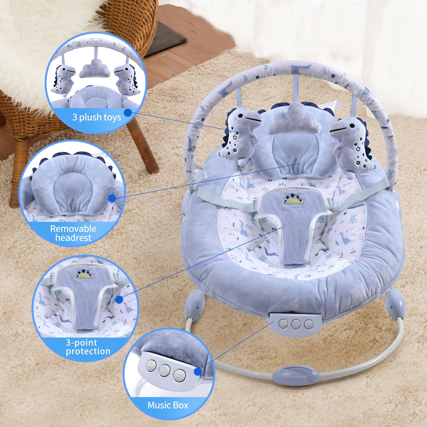 LADIDA soft light blue baby bouncer with removable toy bar, soothing vibrations, music, and three colorful toys for newborns.