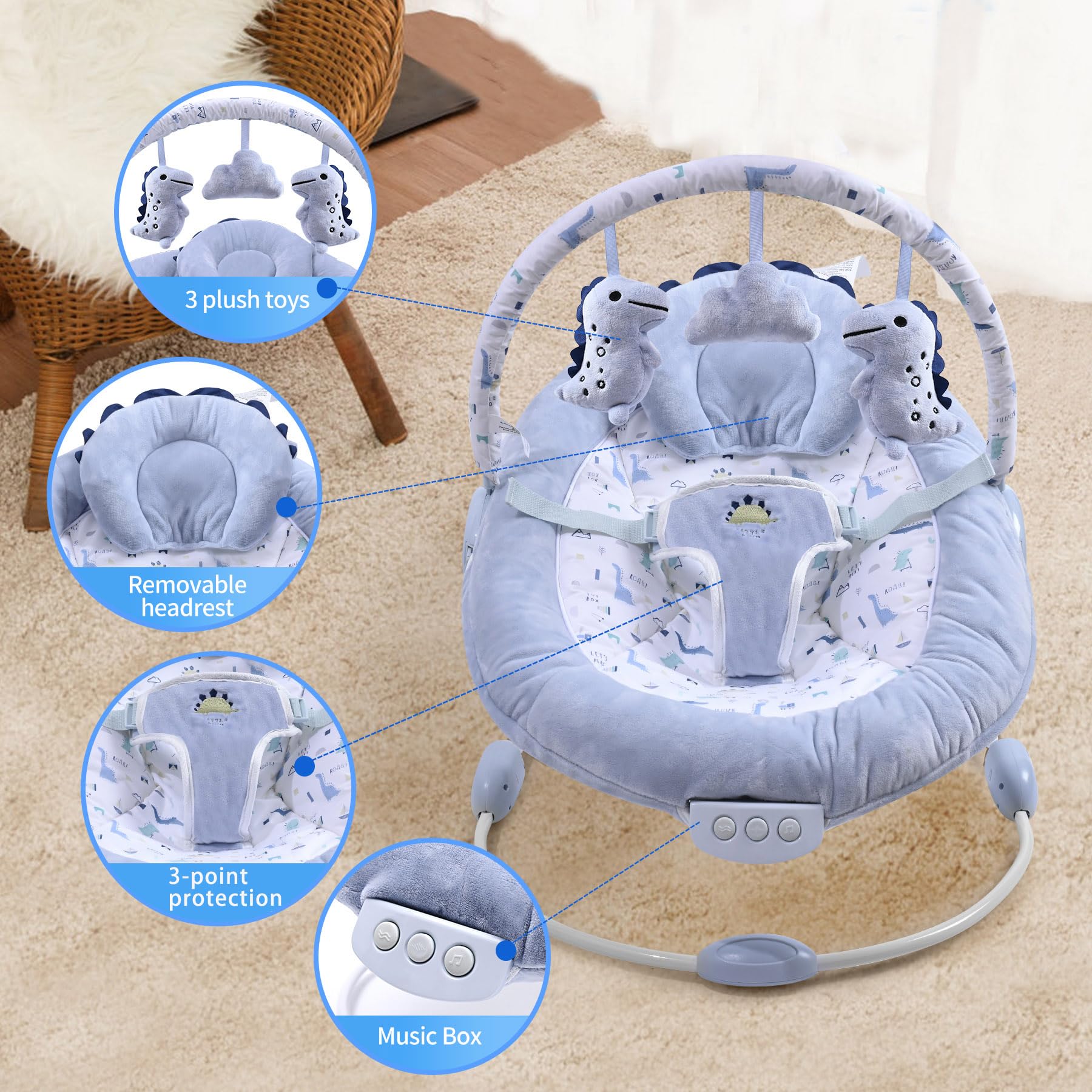 LADIDA soft light blue baby bouncer with removable toy bar, soothing vibrations, music, and three colorful toys for newborns.