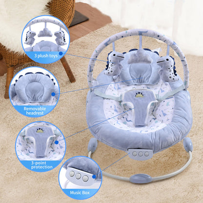 LADIDA soft light blue baby bouncer with removable toy bar, soothing vibrations, music, and three colorful toys for newborns.