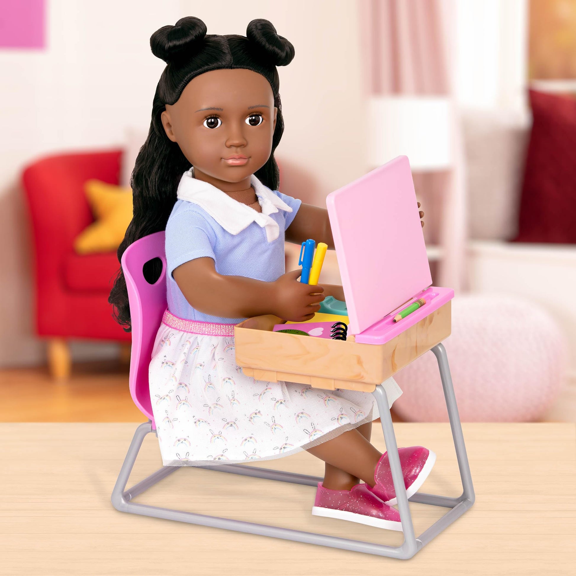 Our Generation Flying Colours Set featuring a school desk and classroom supplies for 18-inch dolls, 46-piece playset.