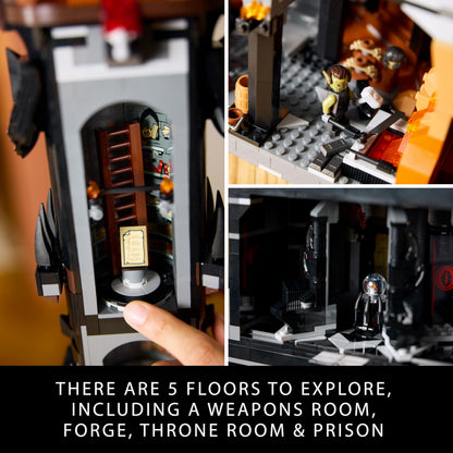 LEGO Icons Barad-dûr model set featuring Sauron, Gollum, and other minifigures from The Lord of the Rings series.