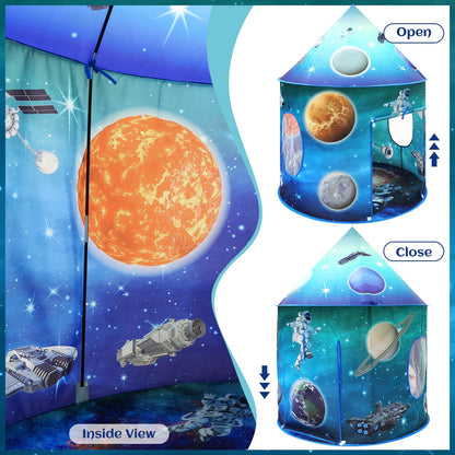 Kids astronaut galaxy play tent by MEERO LONDON, large foldable pop-up space-themed playhouse for toddlers, indoor and outdoor use.