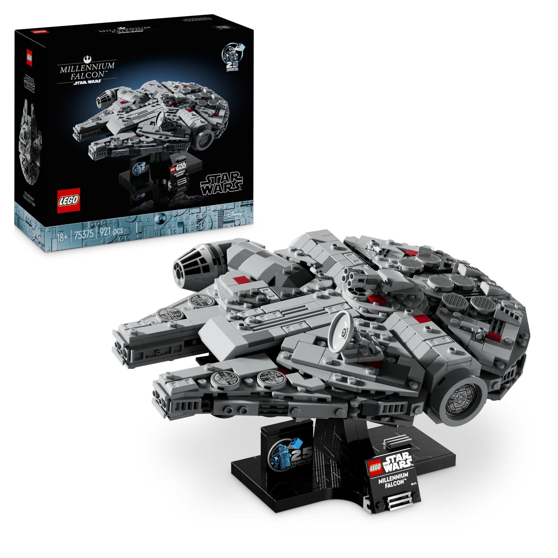 LEGO Star Wars 75375 Millennium Falcon building set with display stand and nameplate, perfect for A New Hope fans.