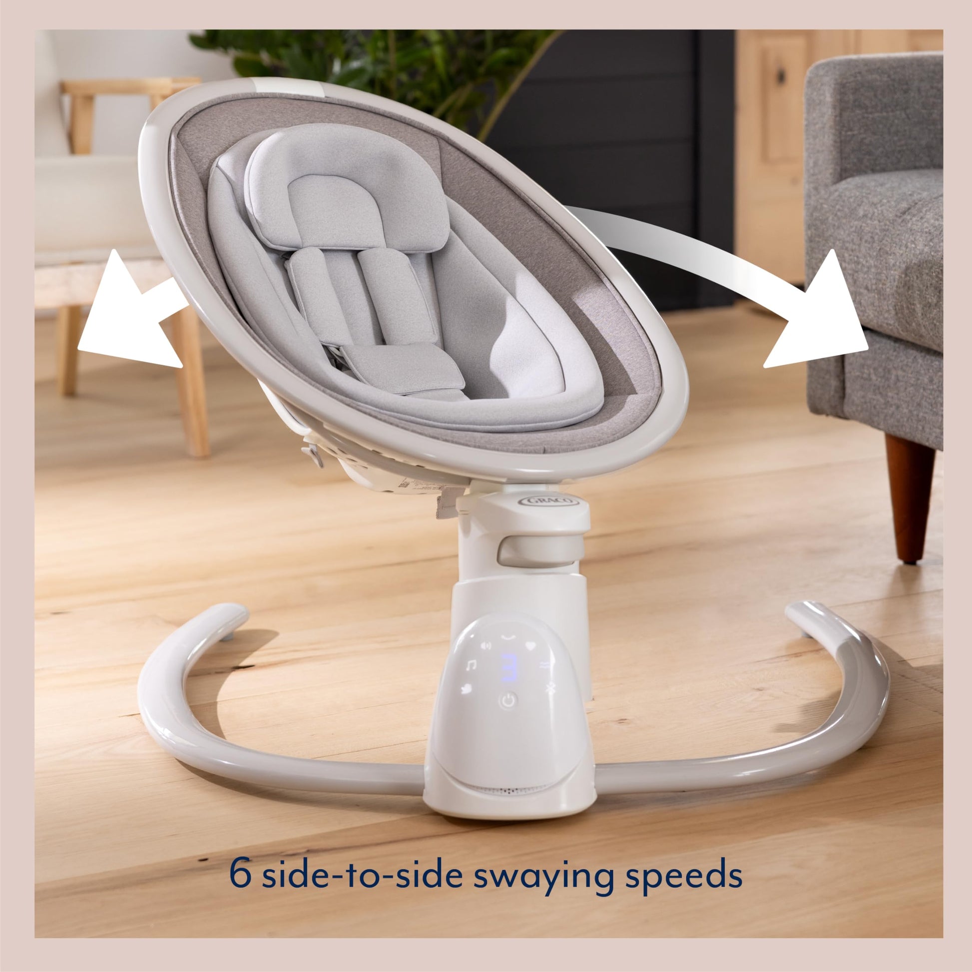 Graco Sway 'n Grow Bluetooth baby soother with swaying motions, vibration, music, height adjust, compact design in Heather fashion.