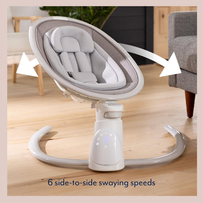 Graco Sway 'n Grow Bluetooth baby soother with swaying motions, vibration, music, height adjust, compact design in Heather fashion.