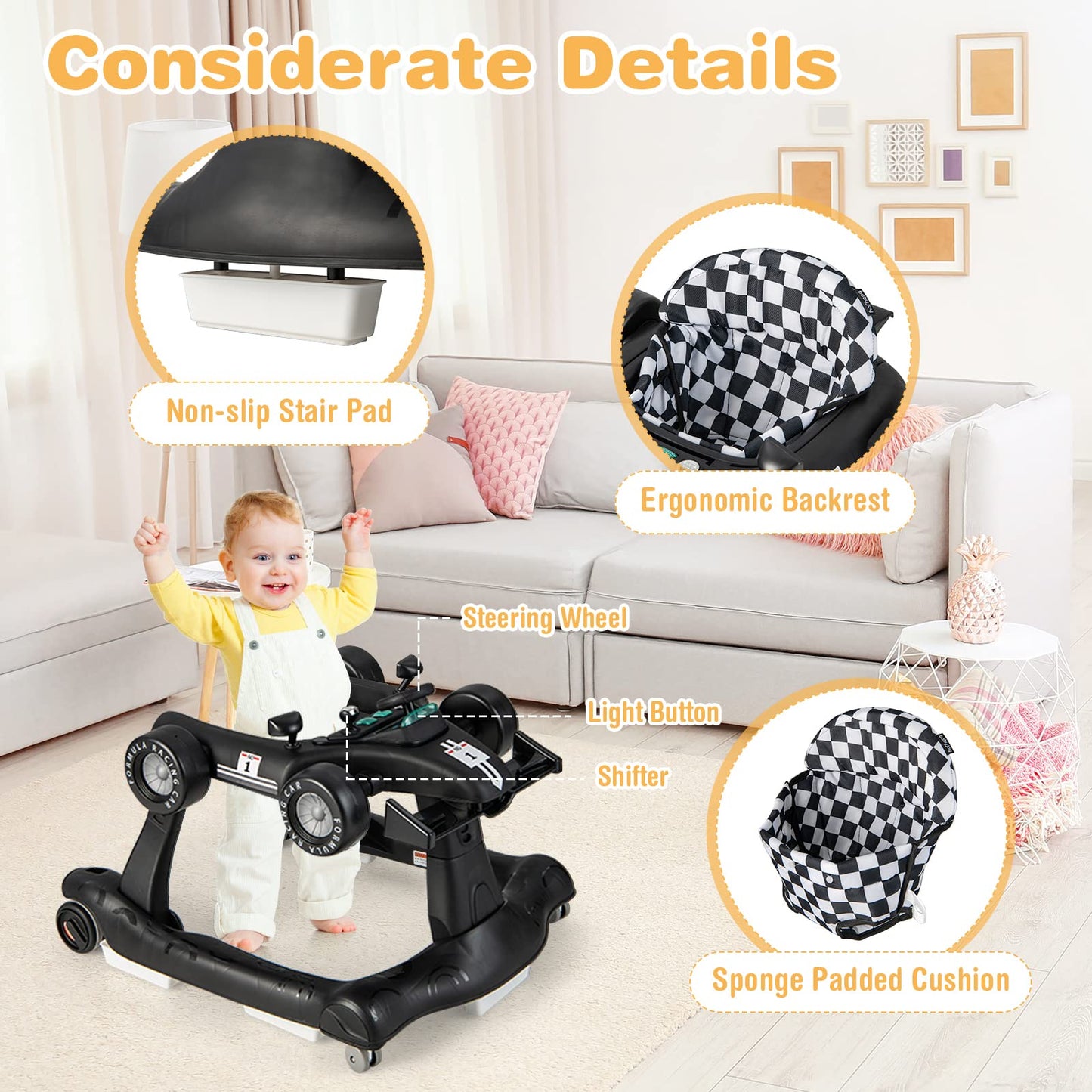 Black COSTWAY 4-in-1 baby walker with adjustable height, lights, steering wheel, music, and foldable design for toddlers 6-18 months.