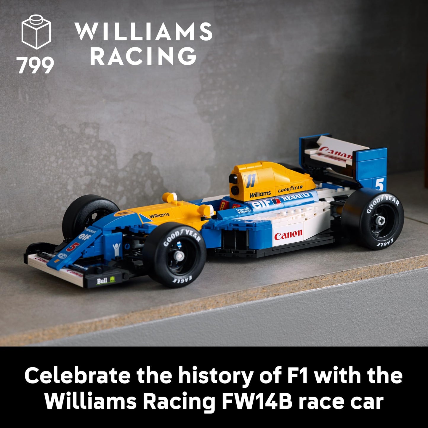 LEGO Icons FW14B F1 car model set featuring Nigel Mansell minifigure, trophy, and display stand for collectors.
