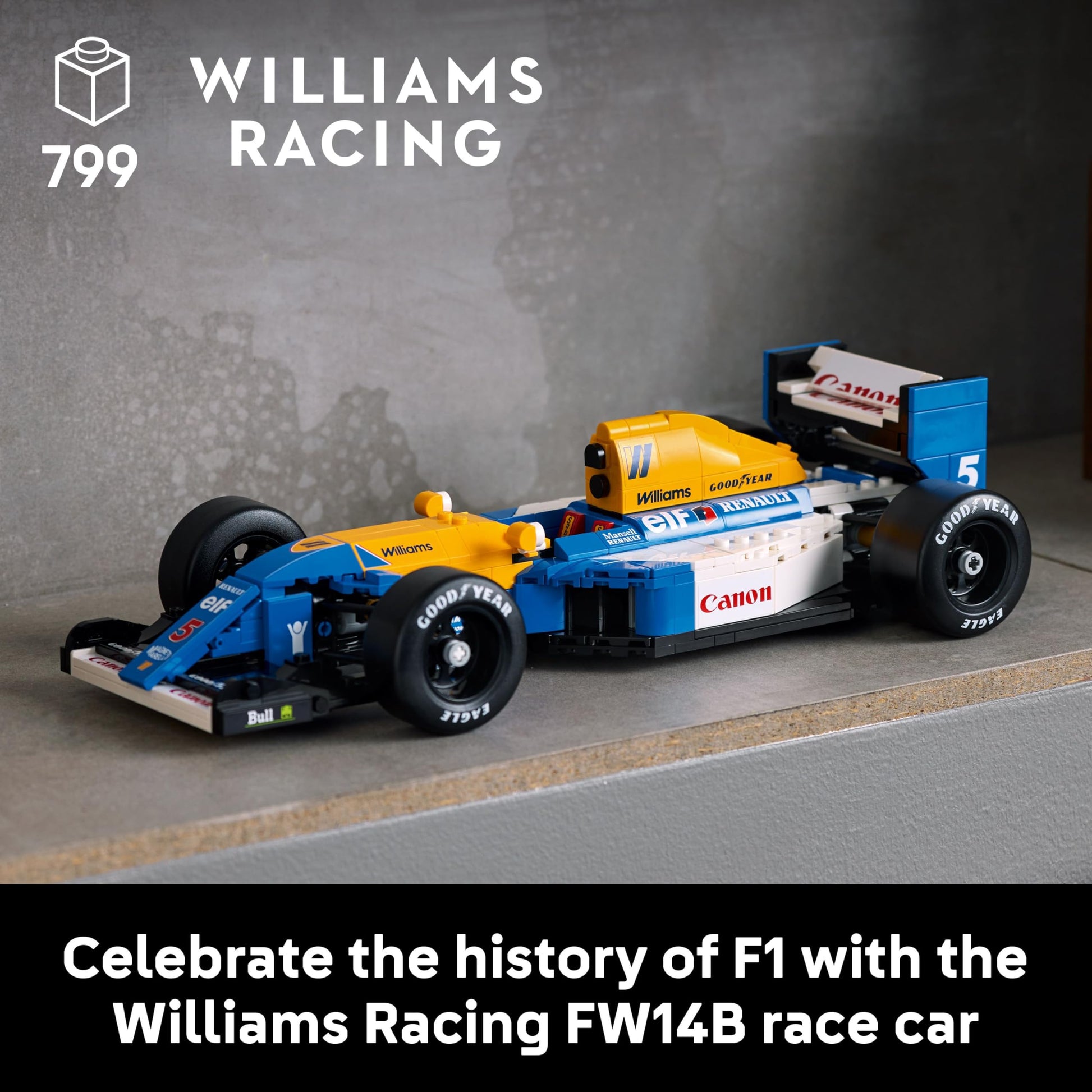 LEGO Icons FW14B F1 car model set featuring Nigel Mansell minifigure, trophy, and display stand for collectors.