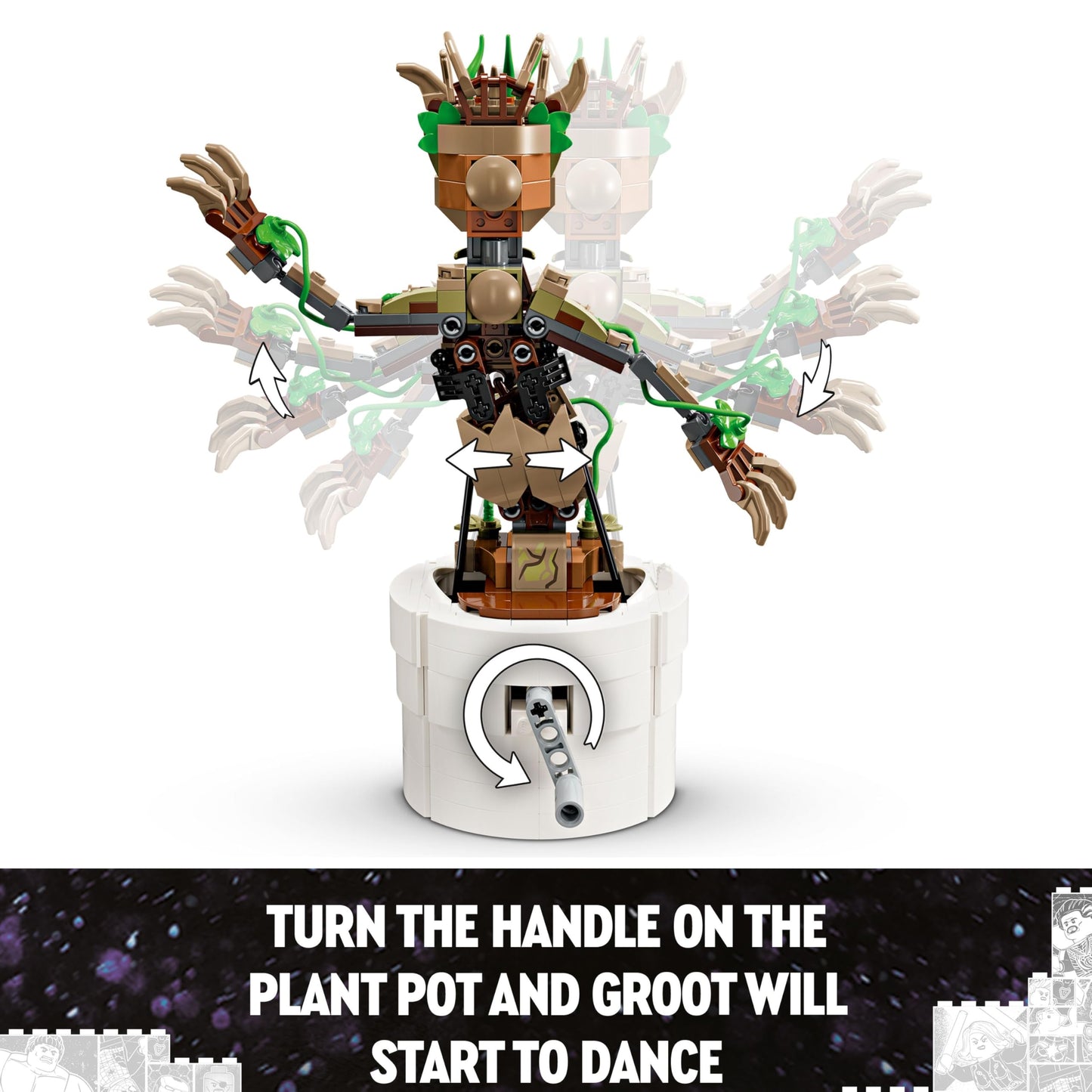 LEGO Marvel Dancing Groot action figure, animated buildable toy, interactive playset for kids, Guardians of the Galaxy character.
