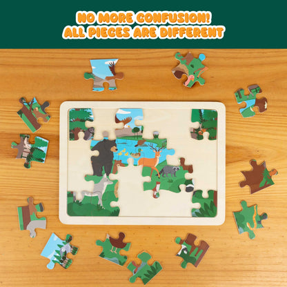 BONNYCO wooden animal puzzle for kids, 6 sets with 24 pieces from various ecosystems, educational jigsaw toy for ages 3-8.