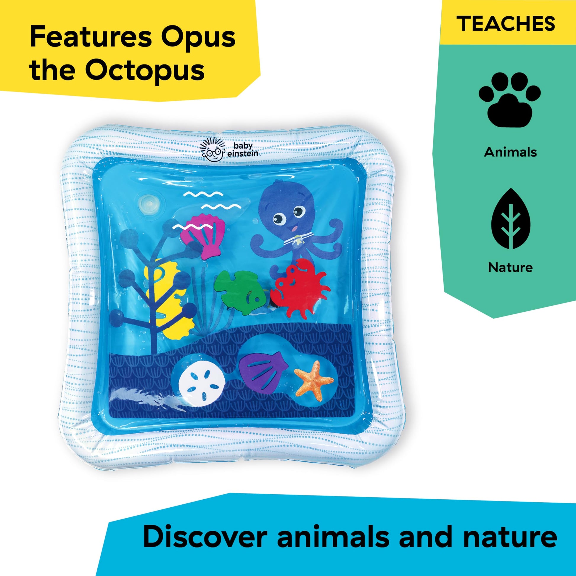 Baby Einstein Tummy Time Water Play Mat with ocean-themed sensory toys for newborns, featuring colorful underwater designs.