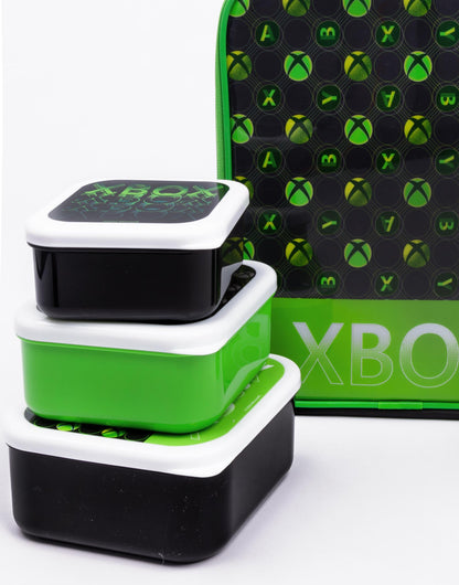 Green Xbox lunch bag for kids with controller logo, BPA-free water bottle, and three snack pots for school lunch and snacks.