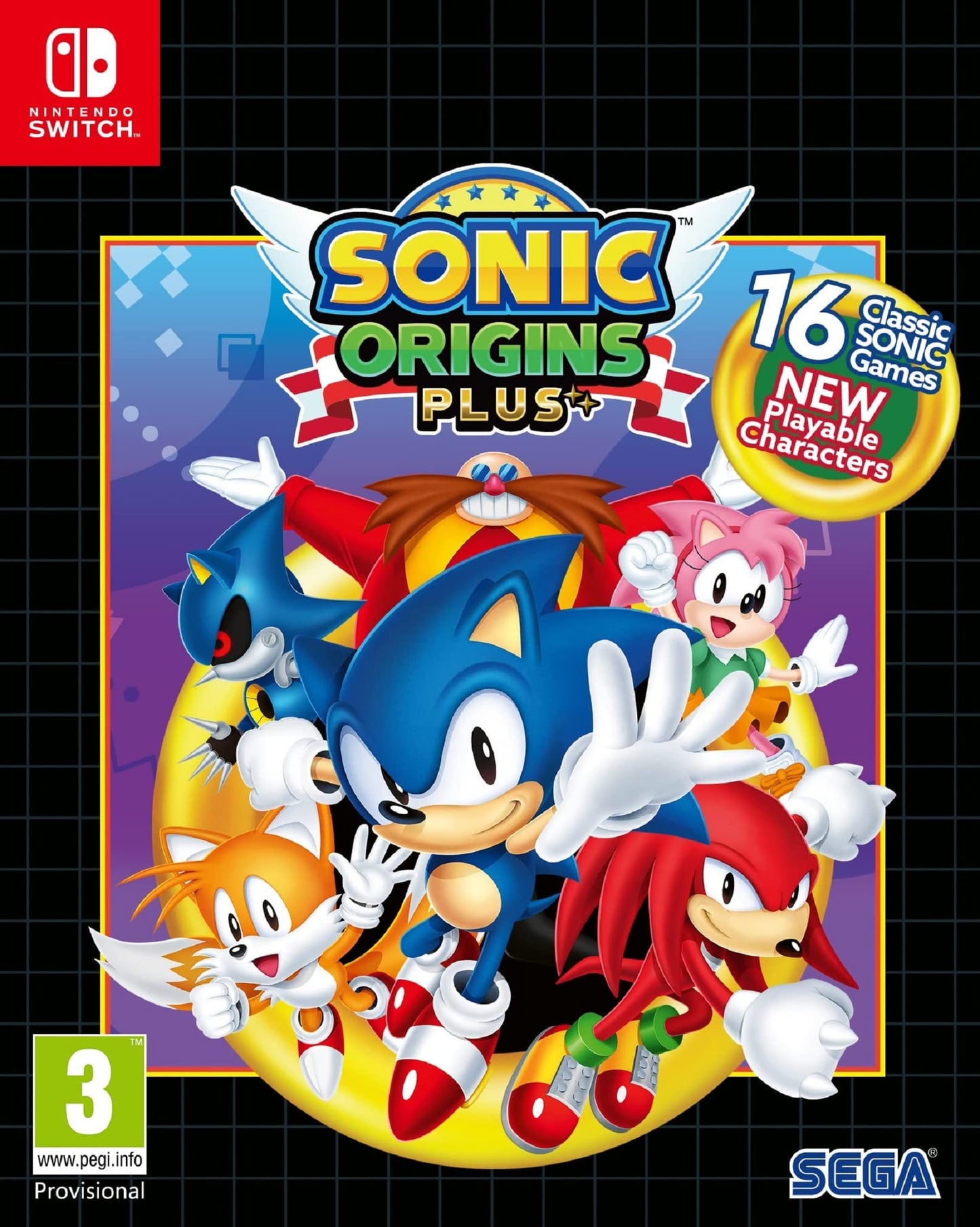 SEGA Sonic Origins Plus Nintendo Switch game case with colorful cover art featuring Sonic the Hedgehog and classic characters.