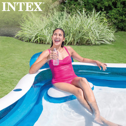 Intex 56475NP inflatable swim center family lounge, multi-color, 90 x 90 x 26 inches, filled with water and kids enjoying.