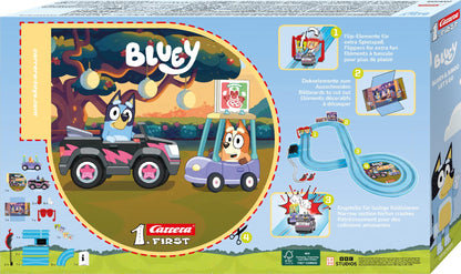 Carrera FIRST Bluey slot racing track with Bluey and Bingo, 2.9 meters long, suitable for children and adults.