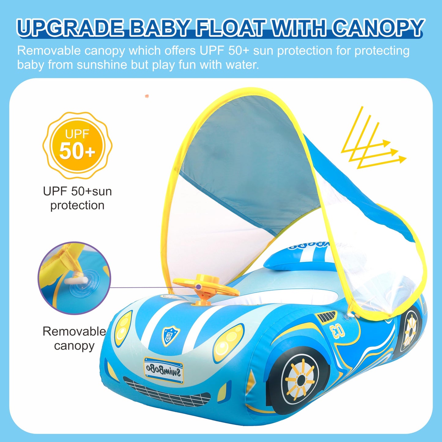 Baby Swimming Float, Toddler Baby Inflatable Pool Float with Sun Canopy Seat for 1-4 Years, Baby Boy Inflatable Baby Swimming Ring Pool Float for 12-48 Months Toddler Kids (Blue Car)