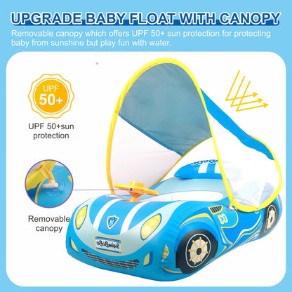Baby Swimming Float, Toddler Baby Inflatable Pool Float with Sun Canopy Seat for 1-4 Years, Baby Boy Inflatable Baby Swimming Ring Pool Float for 12-48 Months Toddler Kids (Blue Car)
