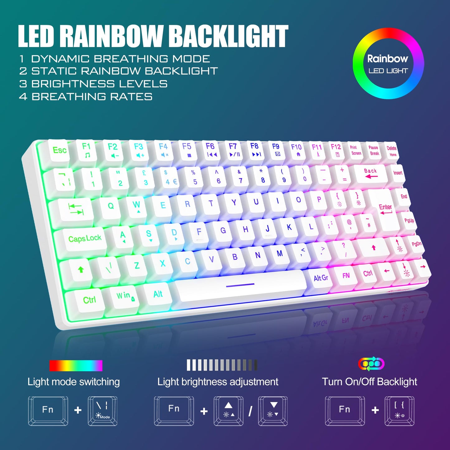 RedThunder K84 wireless gaming keyboard and honeycomb mouse with rainbow backlight, UK layout, compact design for PC and gaming.