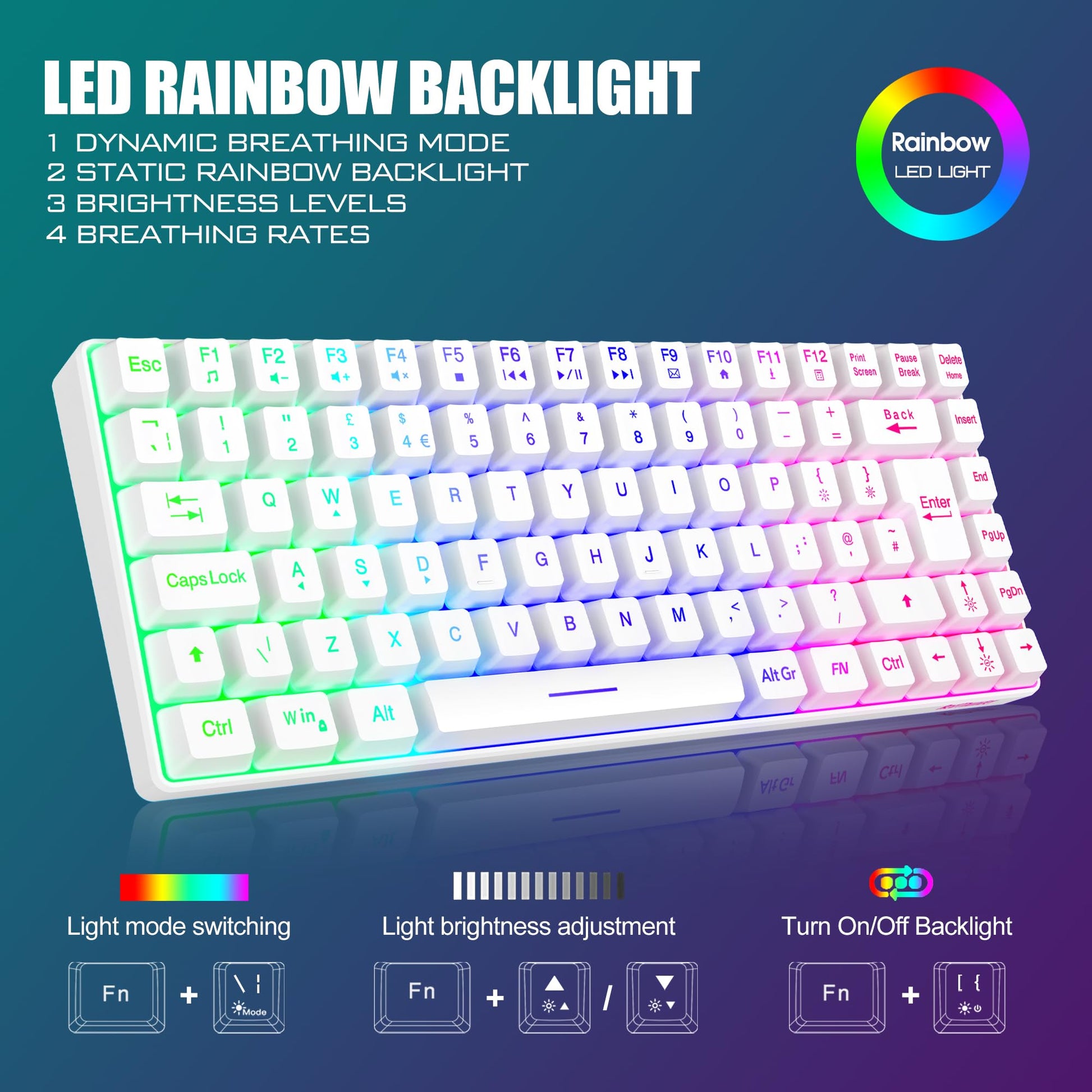 RedThunder K84 wireless gaming keyboard and honeycomb mouse with rainbow backlight, UK layout, compact design for PC and gaming.