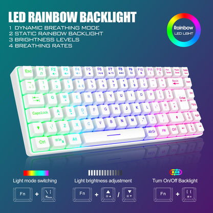 RedThunder K84 wireless gaming keyboard and honeycomb mouse with rainbow backlight, UK layout, compact design for PC and gaming.