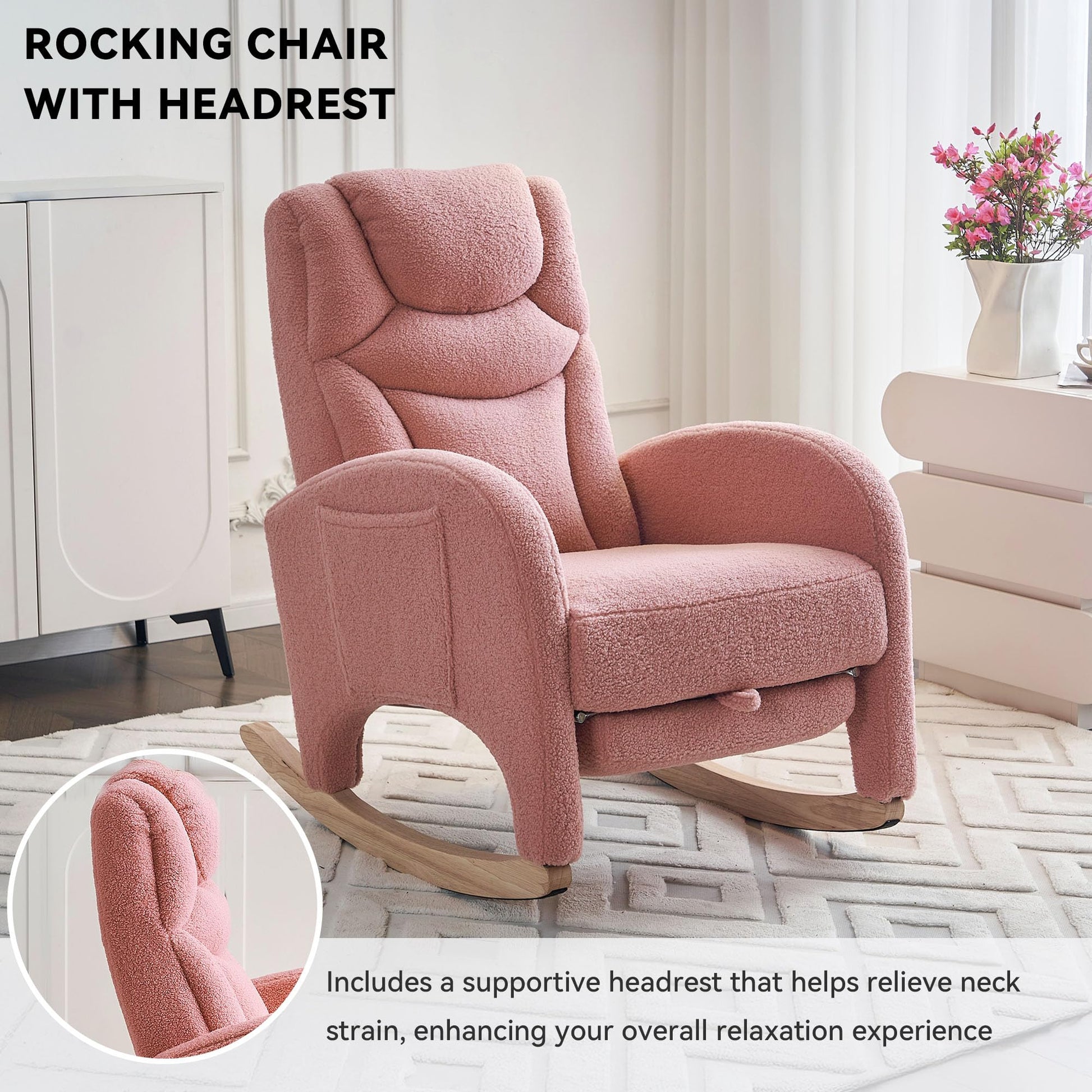 DEKKETO pink teddy rocking chair with headrest, footrest, side pocket, ideal for nursing, breastfeeding, and relaxing in nursery.