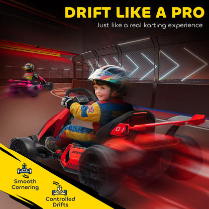 HOMCOM 24V Electric Go Kart for Kids, Ride On Racing Kart with Adjustable Seat, Battery Powered Drifting Ride On Car with Music, Light, Slow Start, Button Start, Horn, for 6-12 Years, Red
