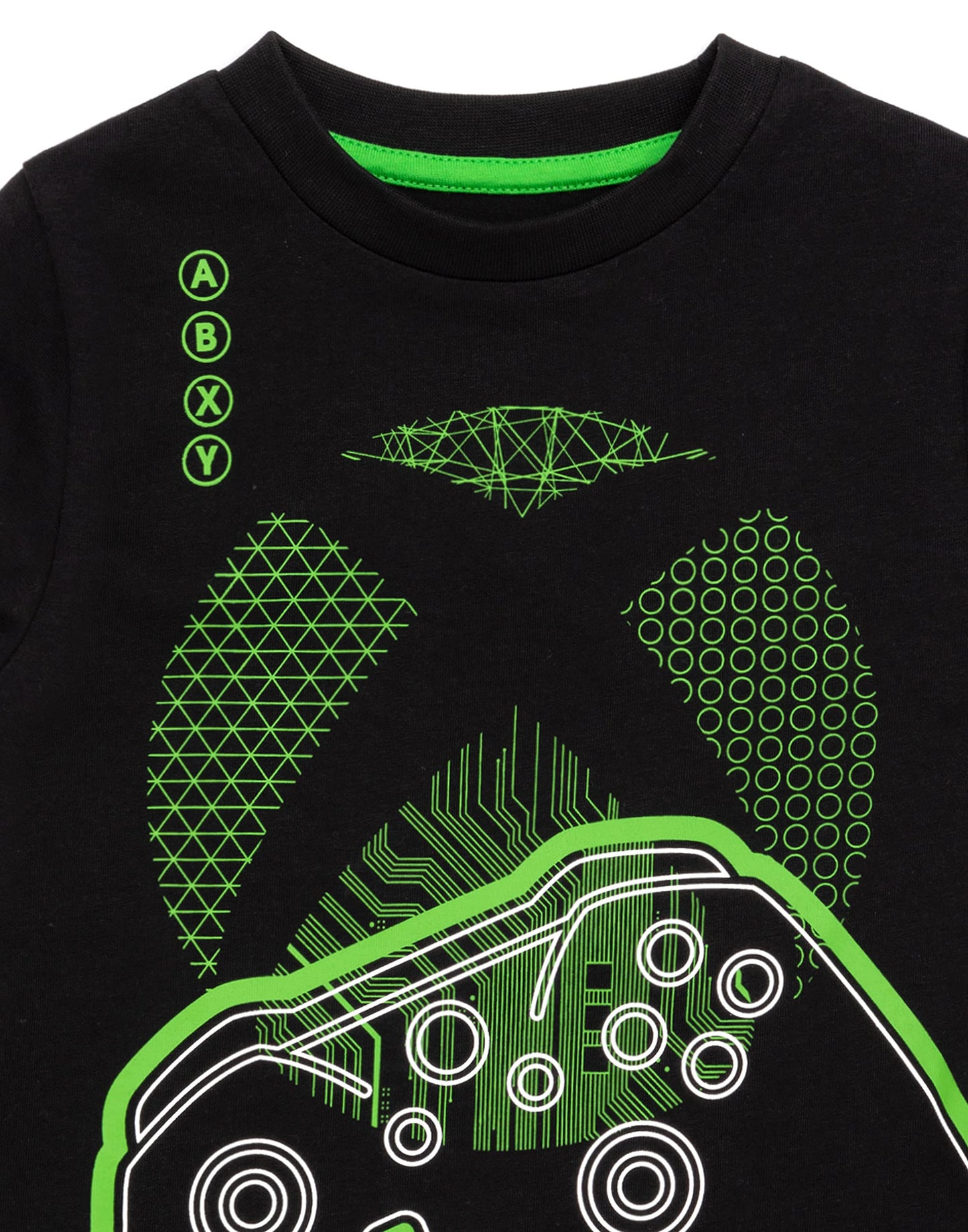 Xbox boys' pajamas set with black and green gamer T-shirt and matching leggings, featuring game controller graphics for ages 9-10.
