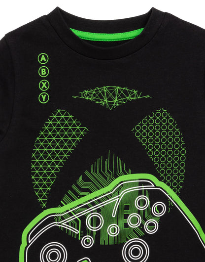 Xbox boys' pajamas set with black and green gamer T-shirt and matching leggings, featuring game controller graphics for ages 9-10.