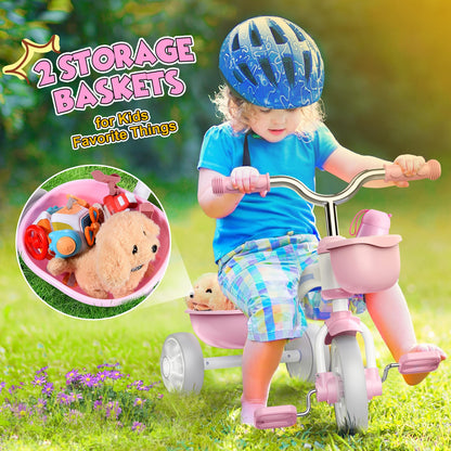 HappyGoLucky Pink Tricycles Toys for 2-5 Year Old Girls Gifts, Balance Bike 2 3 4+ 5 Year Old with 3 Colorful Lighting Wheels & Adjustable Seat, Baby Toddler Kids Cycle Trikes Bike Girls Toys Age 2-5