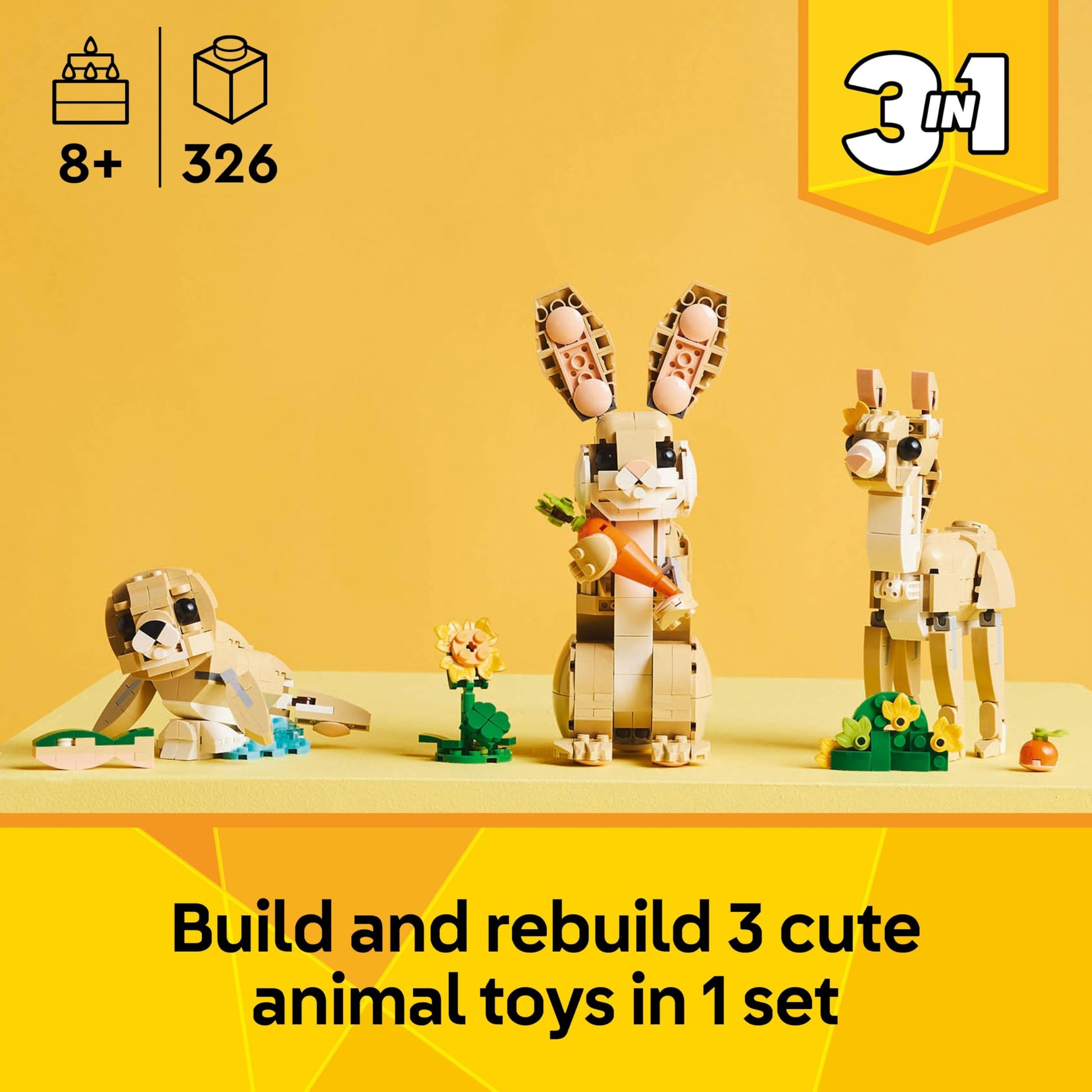 LEGO Creator 3in1 Cute Bunny Toy, featuring a colorful bunny figure that transforms into a llama and seal.