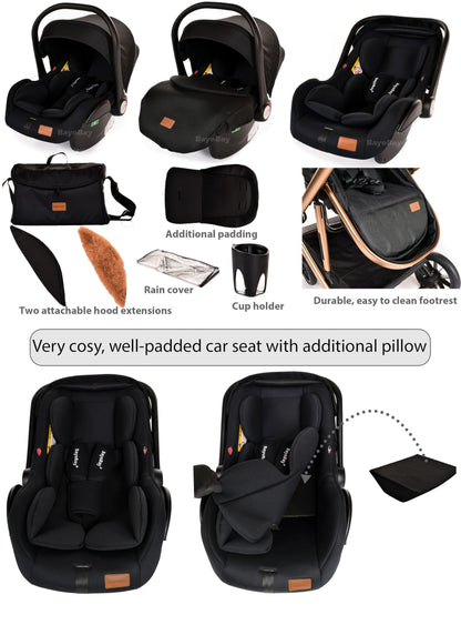 3 in 1 Travel System Baby Pram Buggy with Car Seat Pushchair Carriage Child Lightweight Folding Stroller for Newborns Toddlers from Birth up to 22kg New 2025 Style (BB1 - Black Gold, BB1)