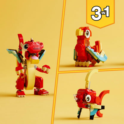 LEGO Creator 3in1 Red Dragon model alongside fish figure and phoenix bird, showcasing animal figures for creative play.
