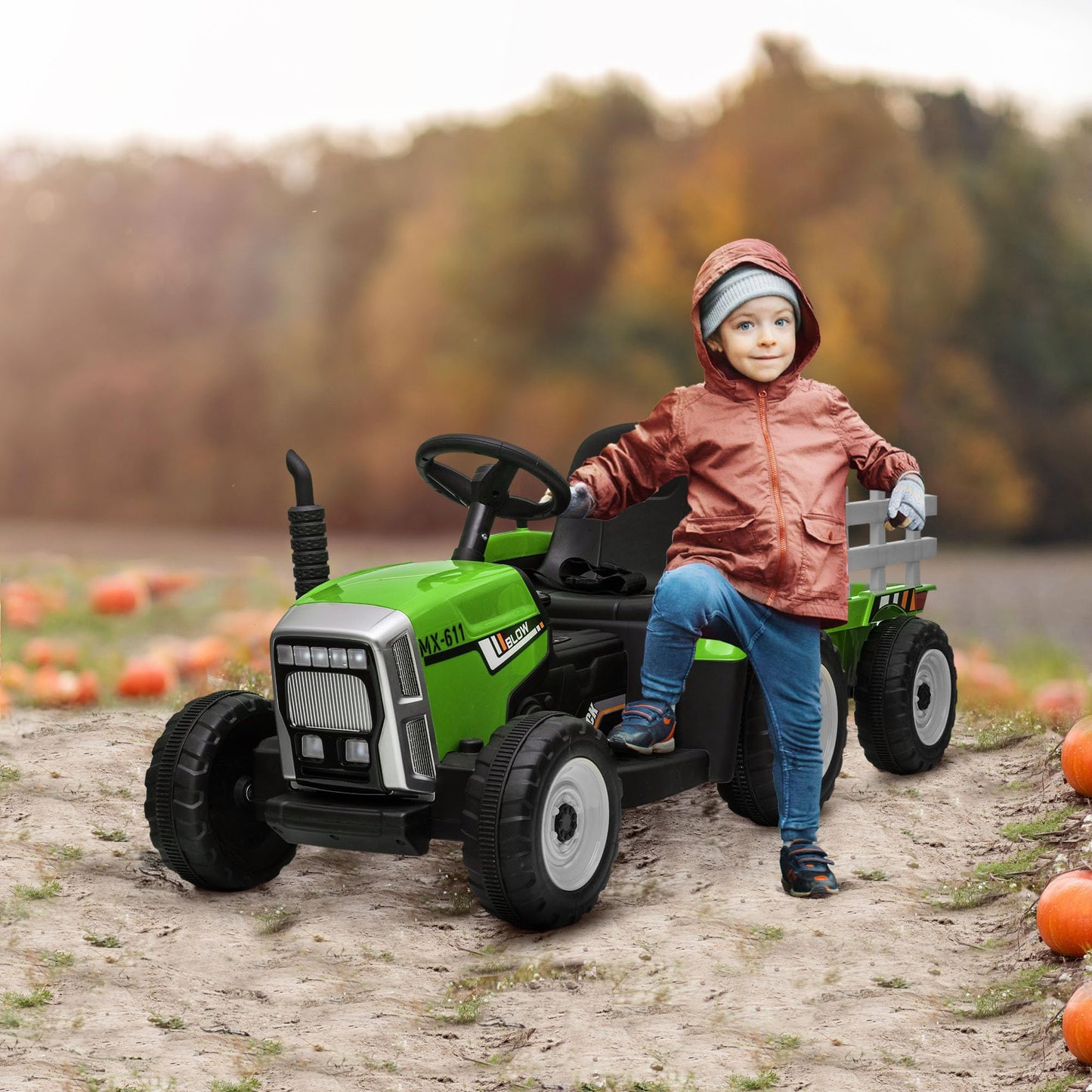 HOMCOM Kids Electric Car, 12V Electric Ride on Tractor and Trailer with Detachable Trailer Remote Control, USB, Horn, Lights, Start-Up Sound, for Ages 3-6 Years, Green