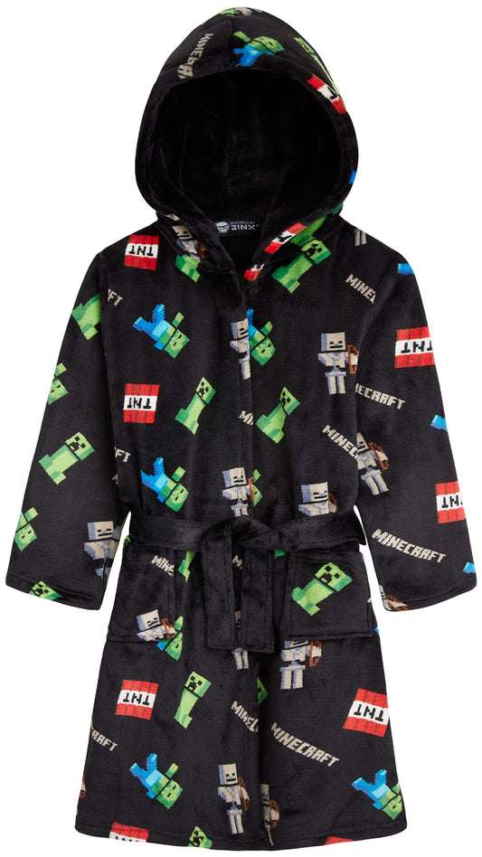 Minecraft Dressing Gown for Boys Fleece Hooded Bathrobe with Pockets Creeper Loungewear Nightwear Teens Gamer Gifts for Boys (13-14 Years, Black)