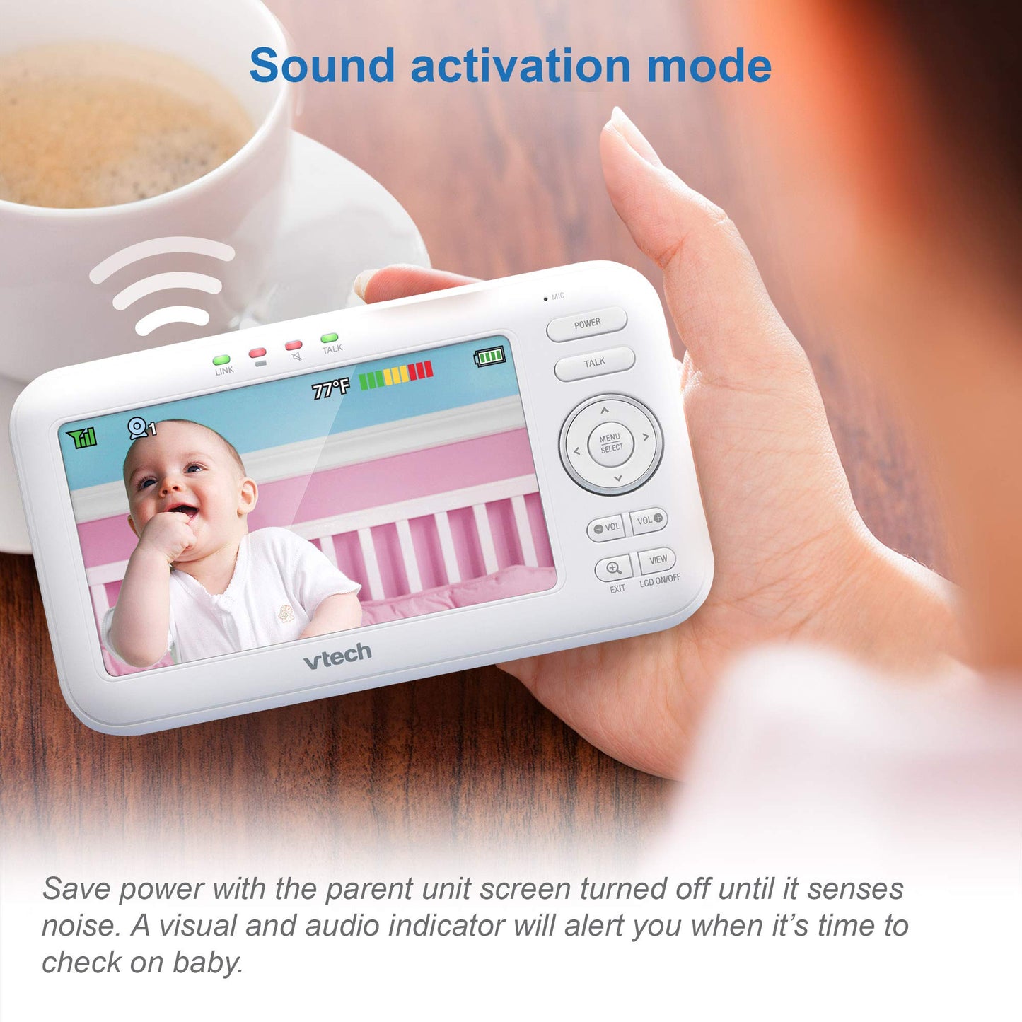 VTech LM808-1W baby monitor with camera, 5-inch screen, night vision, 2-way audio, temperature sensor, and wall-mount bracket