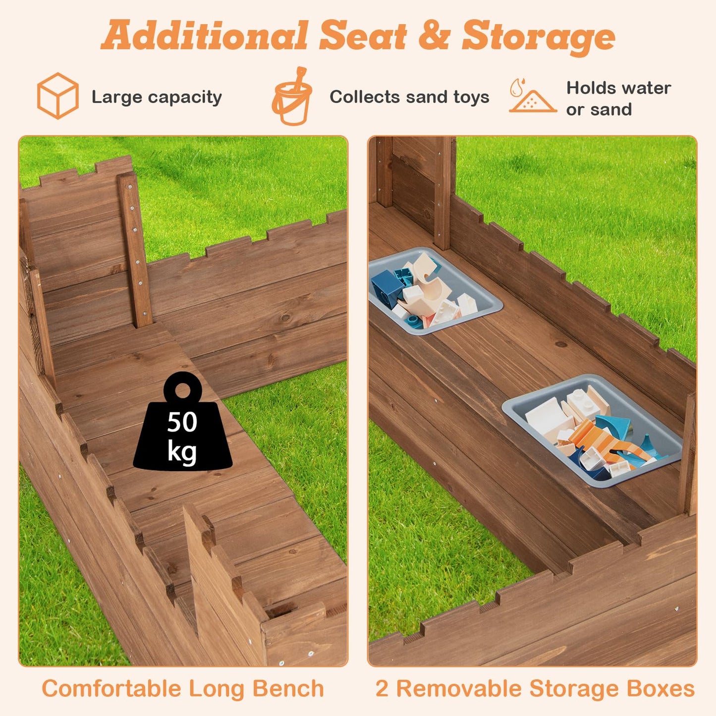 COSTWAY Kids Wooden Sandpit, 116x113cm Sand Play Station with Built-in Bench Seats, Storage Boxes, Flags and Protective Bottom Liner, Children Sandbox for Garden Bench