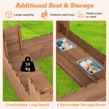 COSTWAY Kids Wooden Sandpit, 116x113cm Sand Play Station with Built-in Bench Seats, Storage Boxes, Flags and Protective Bottom Liner, Children Sandbox for Garden Bench