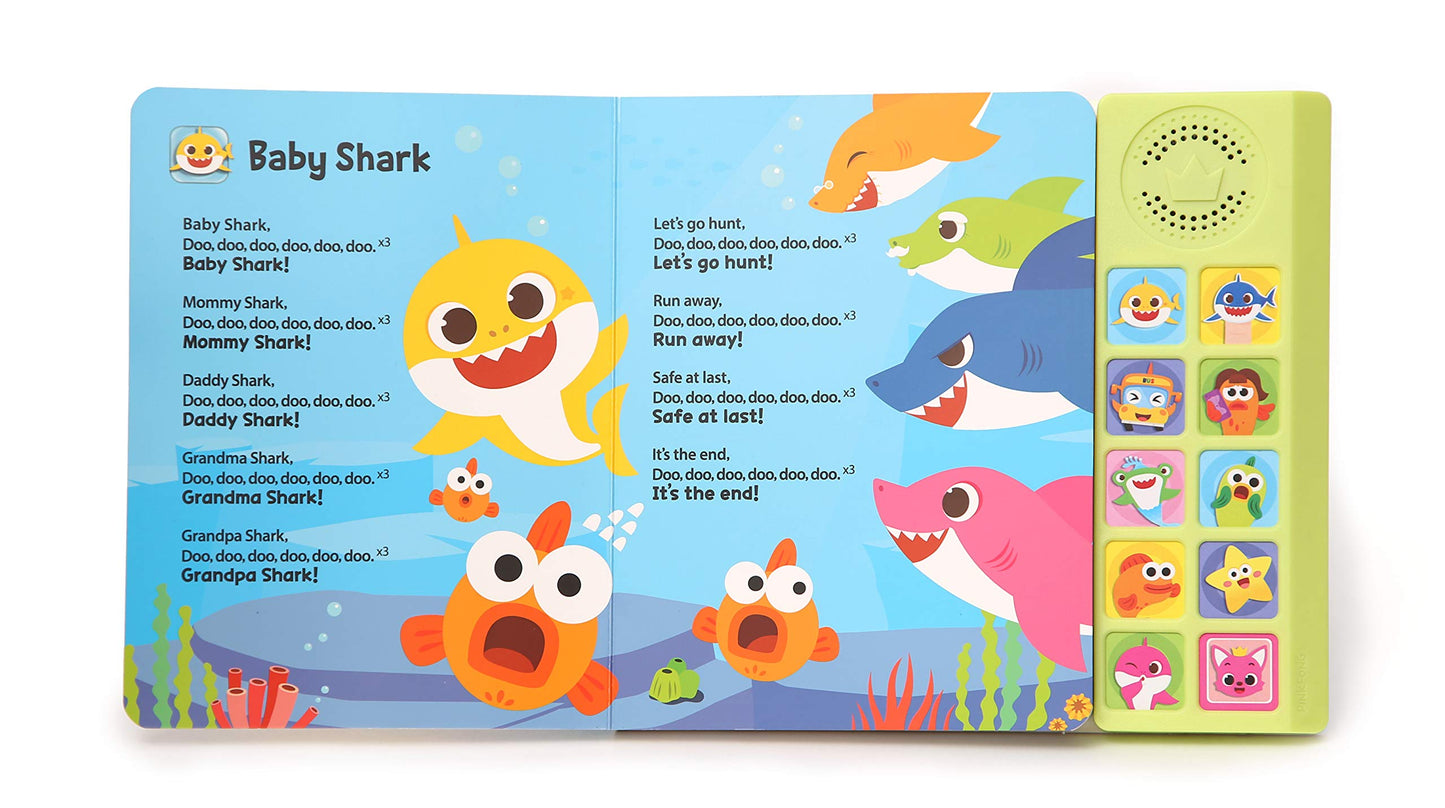 Pinkfong Baby Shark sing-along sound book with colorful pages and interactive buttons for toddlers' nursery rhymes and learning.