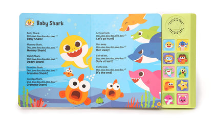 Pinkfong Baby Shark sing-along sound book with colorful pages and interactive buttons for toddlers' nursery rhymes and learning.